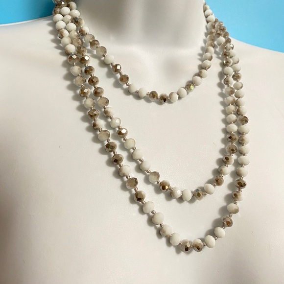 Glass Beads White Gray Sparkly Faceted Long Necklace Over-The-Head Style - Picture 1 of 4